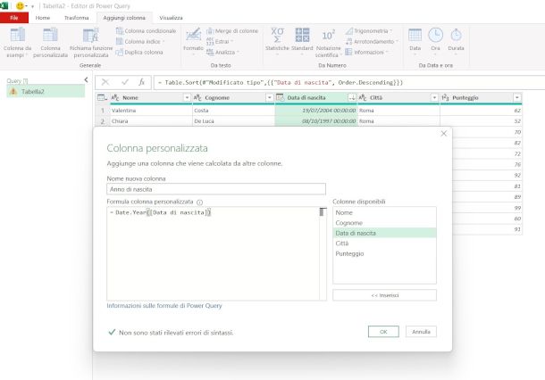 finestra Power Query su Excel