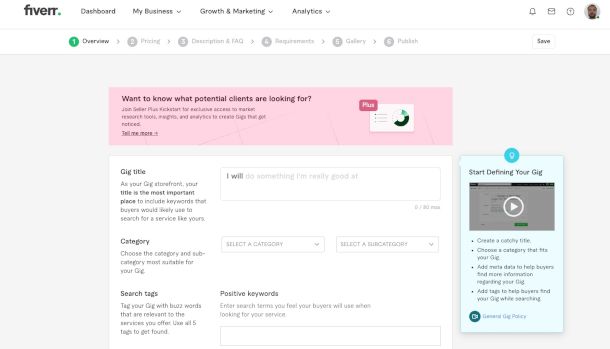 pagina creazione Gig su Fiverr