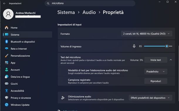 impostazioni audio windows