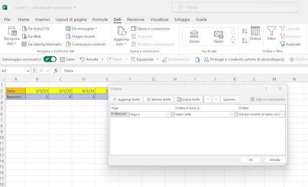 ordinamento per date e per riga su Excel