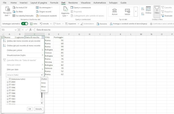 funzione filtro per data su Excel