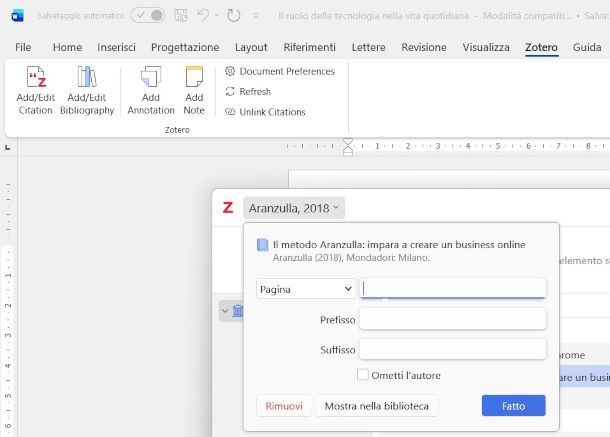 plugin Zotero su Word