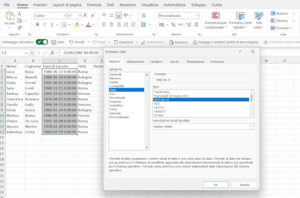 impostazione formato data