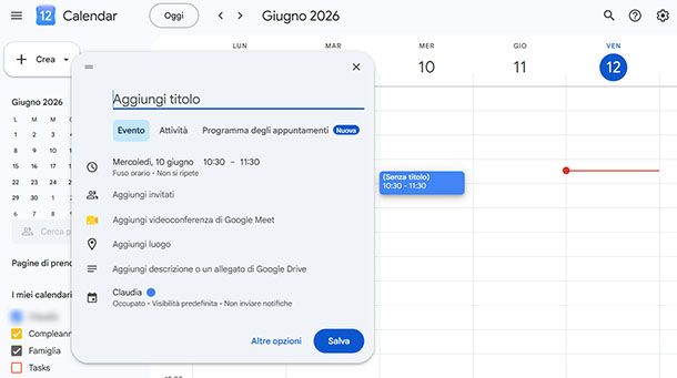 Creazione evento su Google Calendar
