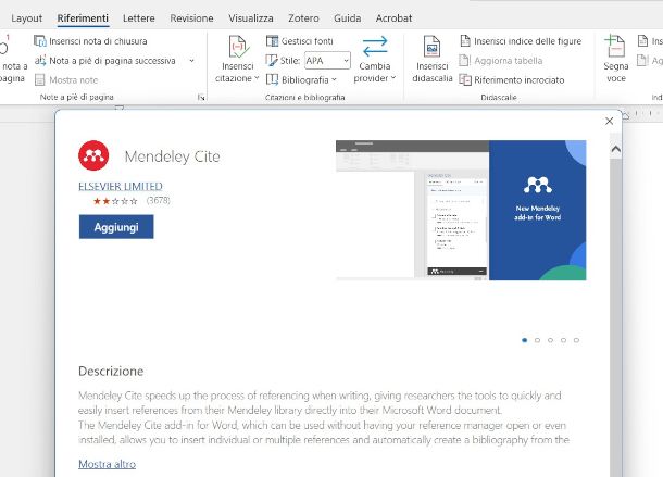 installazione add on Mendeley su Word