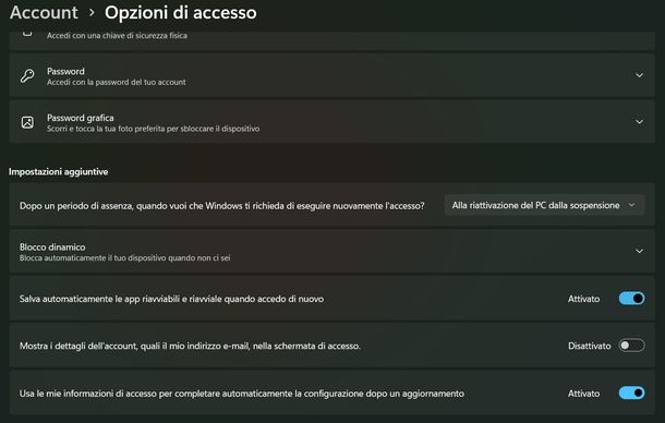 Salva automaticamente le app riavviabili e riavviale quando accedo di nuovo Windows