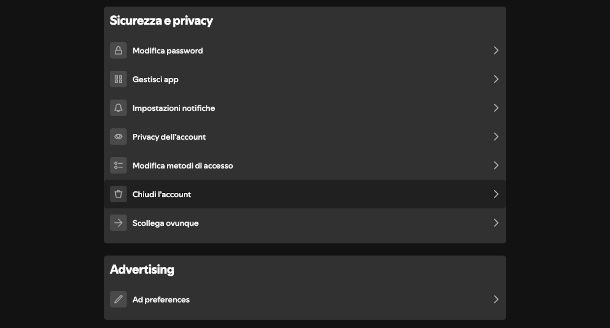 cancellazione account da impostazioni sicurezza