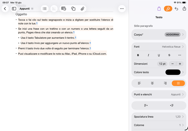 giustificare testo su pages