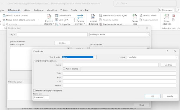 inserimento fonti bibliografiche su Word