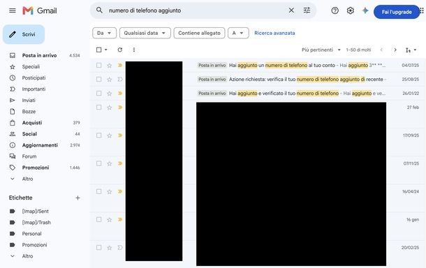Cercare nella casella email