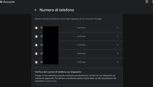 Numero di telefono account Google