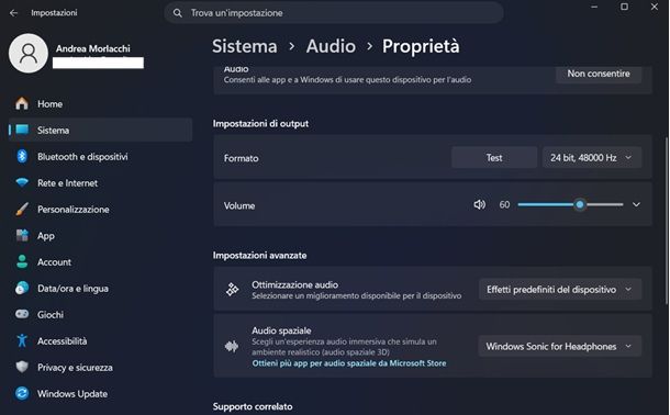 impostazioni audio windows 11