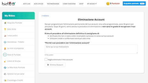 Eliminare account Bidoo