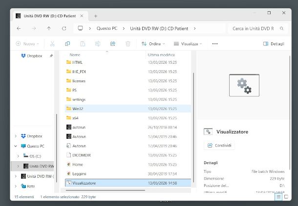 esempio di visualizzatore DICOM integrato nel CD con percorso