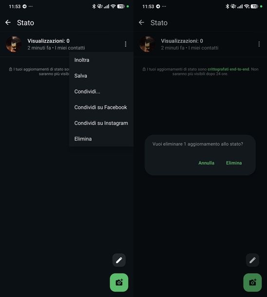 Eliminare stato WhatsApp Android