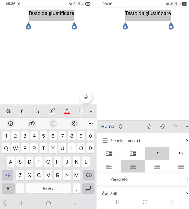 giustificare testo con app word