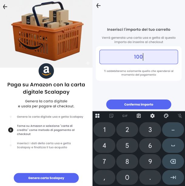 schermata app Scalapay per generare carta virtuale