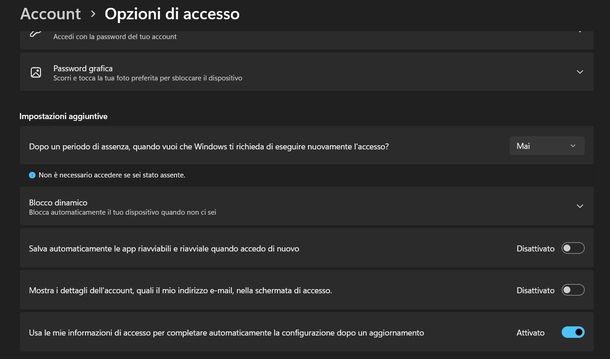 Disattivare nuovamente accesso Windows