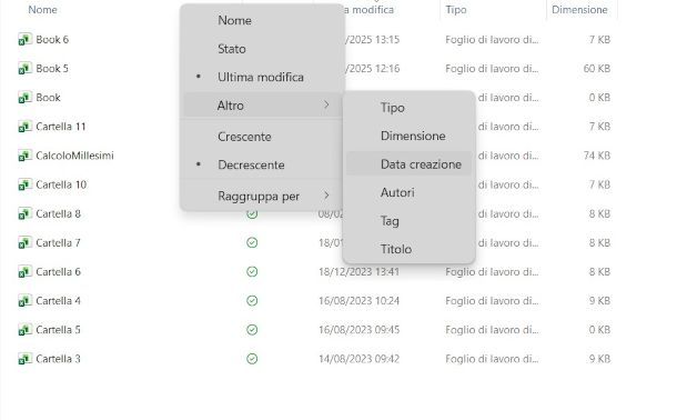 ordinare elenco file Excel per data su Windows