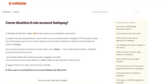 pagina di esempio con istruzioni per cancellazione account