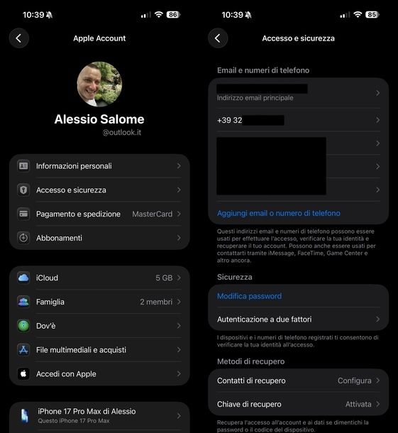 Numero di telefono account Apple
