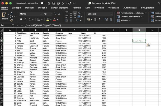 Formula per trovare uguale diverso Excel