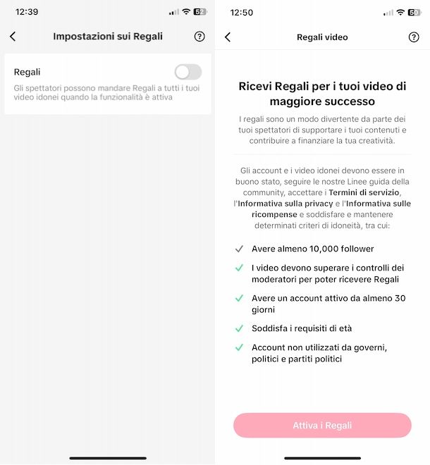 Attivare Regali su TikTok