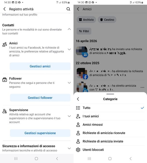 Registro attività Facebook richieste di amicizia inviate Android