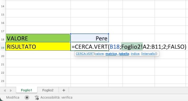 Formula CERCA.VERT in file Excel con due fogli