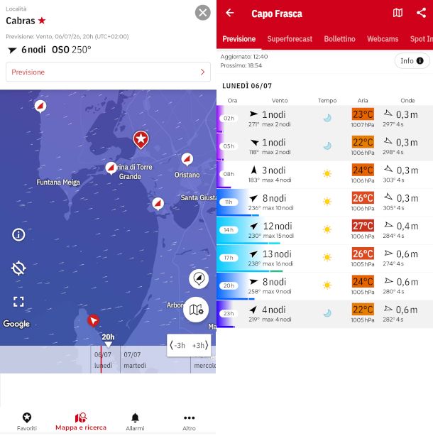 schermate app Windfinder