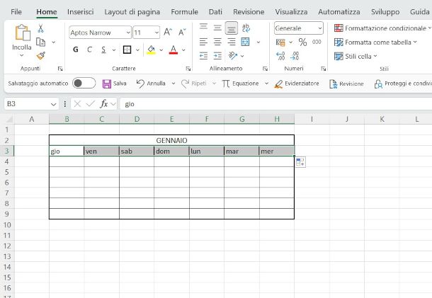 predisposizione calendario annuale su Excel