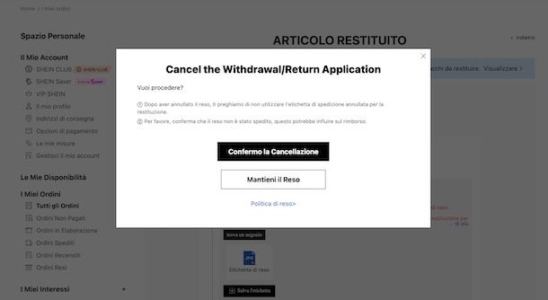 Annullare un reso su SHEIN