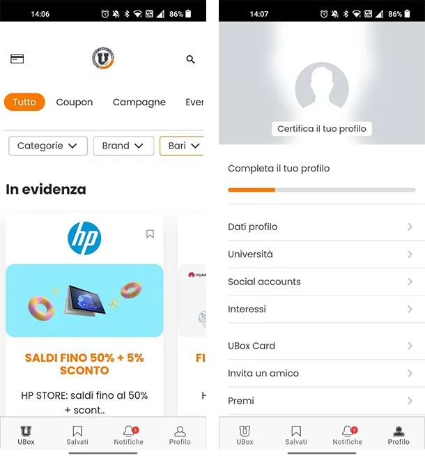 schermate app UniversityBox