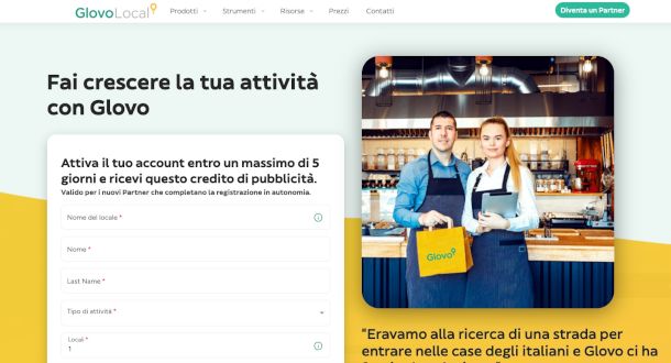 pagina adesione aziende sito Glovo