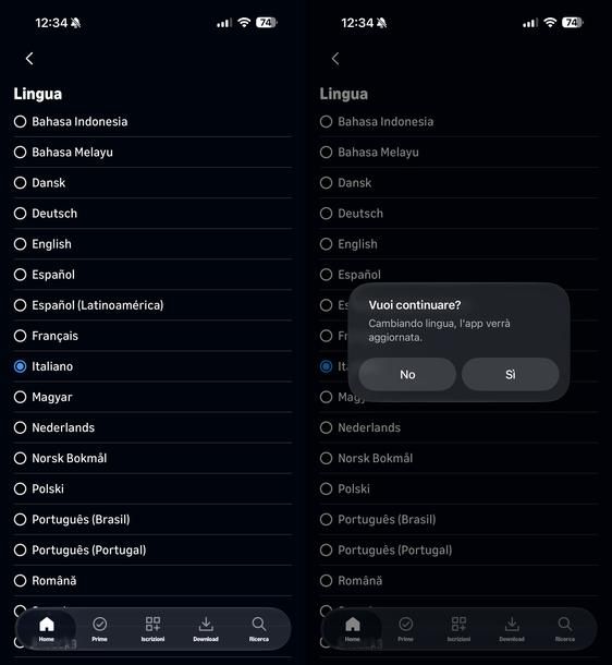 Cambiare lingua interfaccia Prime Video iOS