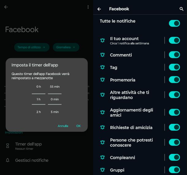 funzioni timer e gestione notifiche app Benessere Digitale