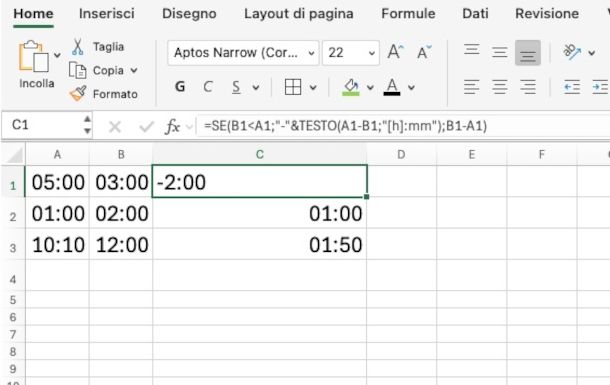formula per somma ore con numeri negativi
