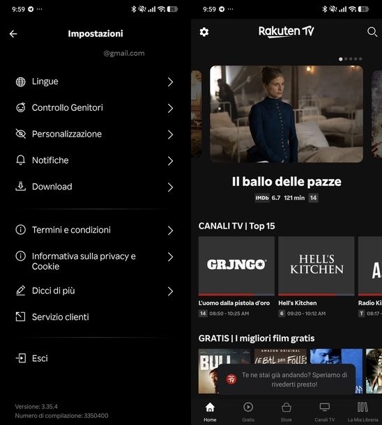 Uscire da Rakuten TV su smartphone