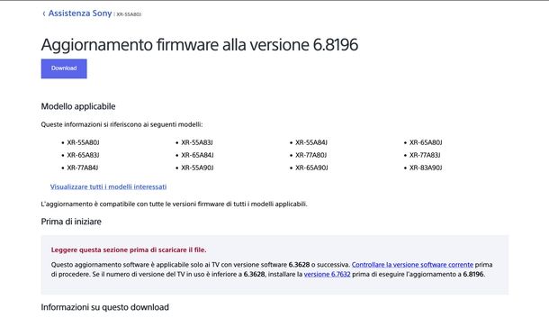 Scaricare firmware da sito supporto Sony