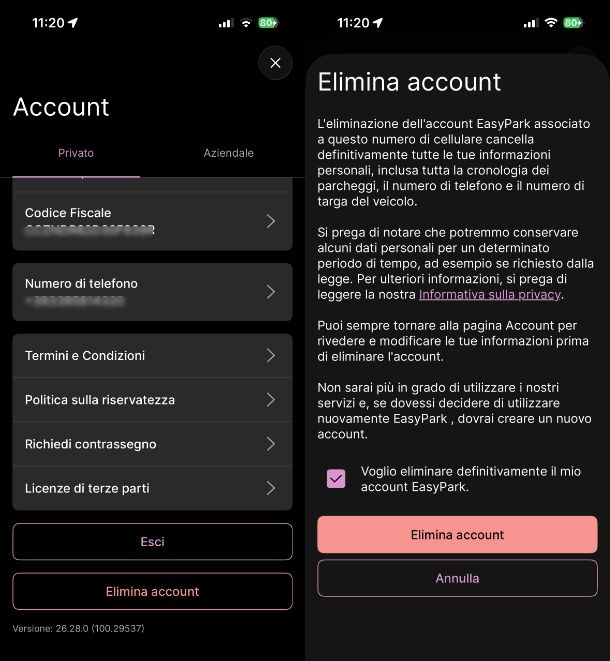 Come eliminare account EasyPark