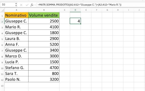 esempio utilizzo formula MATR.SOMMA.PRODOTTO