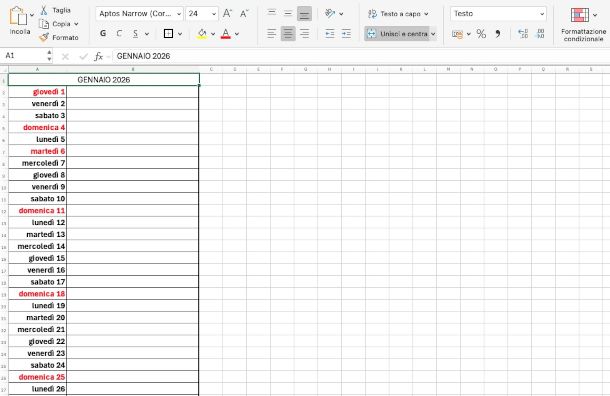 formattazione calendario su Excel