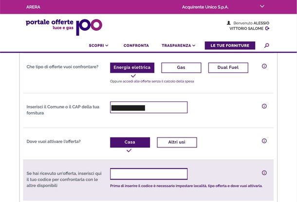 Cercare offerte energia elettrica su portale ARERA