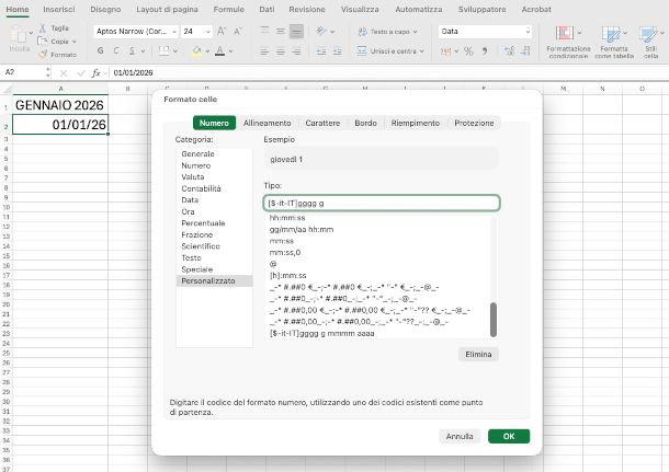 impostazione date su calendario mensile Excel