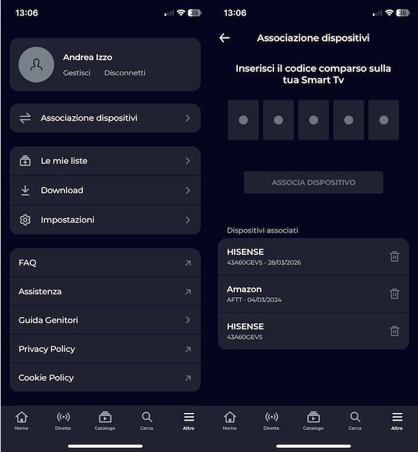Associare account RaiPlay da app
