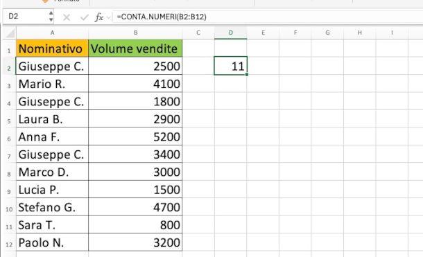 esempio utilizzo formula CONTA.NUMERI