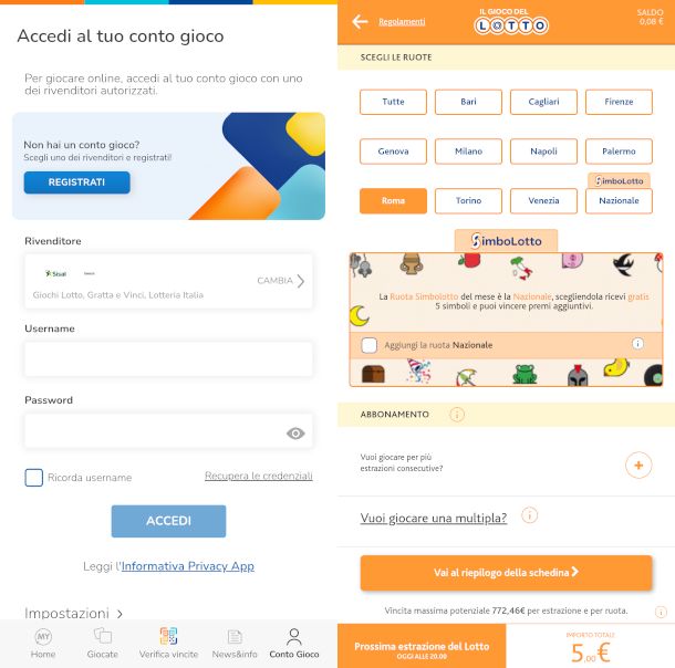 schermate registrazione e giocata app MyLotteries