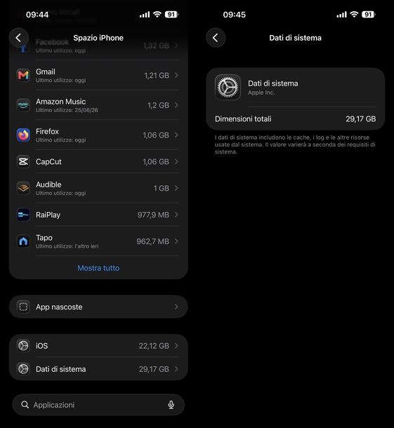 Controllare dimensioni dati di sistema iOS