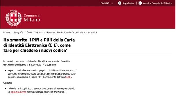 Comune di Milano recupero PIN e PUK CIE