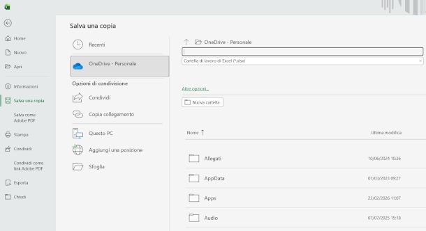 salvataggio file Excel su OneDrive Windows